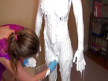 She Puts The Finishing Touches On Her Magic Plaster Covered Living Statue