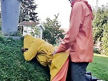 Hornymilf Gets Filled With Huge Cock Wearing Rainwear And Pvc Boots Outdoor