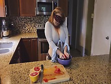 Slicing And Crushing Food And Rubbing It Into My Giant Milf Breasts