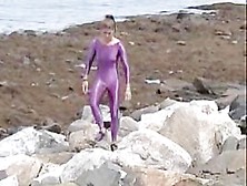 Slender Amateur Doll Is Wrapped In Lilac Latex Costume 08E