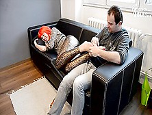 Passed Out Orange Haired Slut In Leopard Pants Gets Her Yummy Feet Licked Out