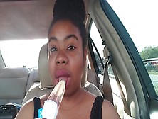 Ebony Big Lips Sucking Ice Cream Pop Outside In Car - Cami Creams