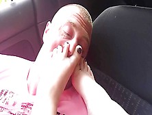 Dominant Girlfriend In Leopard Leggings Smacks Her Poor Boyfriend With Her Feet In The Car