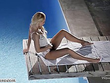 A Charming Slender Blonde Sex In The Pool In The Night