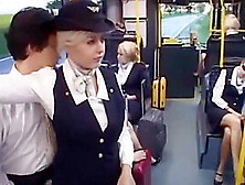Busty Stewardess Gives Handjob On Bus,  Takes Cumshot