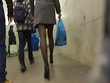 Russian Shopping Day With Black Stockings In Metro And Mall