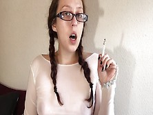 Sexy Goddess D Smoking In See Through Top With Pigtails And Glasses