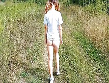 Teenie With Ponytails Flashing Butt On Country Road