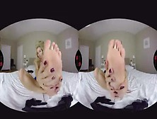 Blonde With Hot Shaved Pussy Touching Her Soft Feet On The Camera