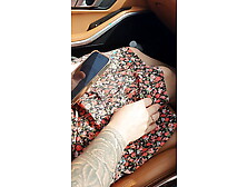 Tattooed Step Mom In The Car Shows Her Pussy After She Lifts Up Her Dress