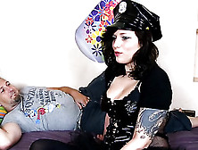 Tattooed Brunette Dressed As A Cop Shyly Prepares To Stroke Dick On Camera
