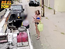 Beach Babes Bargain With The Tow Truck Driver And Get Fucked