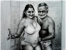 Erotic Art Or Drawing Sexy Desi Indian Woman Inside Bathroom With Father In Law