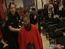 Black Thief Is Fucking At This Barbershop With Two Stunning Milfs.