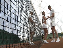 A Hot Girl Is Getting Rammed On The Tennis Court By Two Men