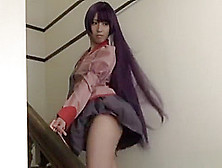 Beautiful Japanese Teen Cosplayer Gives A Nice Footjob On Stairs