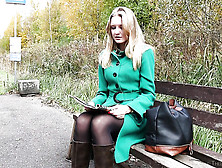 Blonde In Green Overcoat And High Heeled Boots Decides To Have Kinky Fun At Stop
