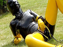 Jerk With Inflatable Faux-Cock In Spandex Catsuit
