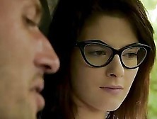 Petite Teen Brunette With Glasses,  Sara Bell Is Getting Fucked In The Ass,  During A Threesome