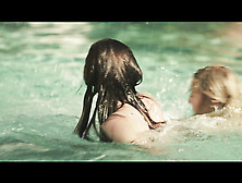 Blonde And Brunette Flirt In Pool Naked And Make Out.