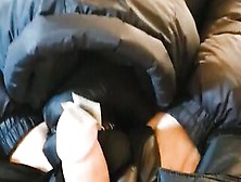 Lucky Dude Getting A Down Jacket Hand Job From His Big Titted Girlfriend