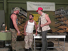 Hardcore And Rough Gay Threesome At A Gun Shop With Mature Dudes
