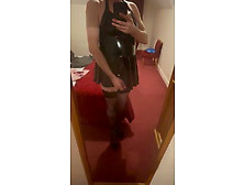Hotel Black Shiny Dress And High Heel Ankle Boots Cum Tease