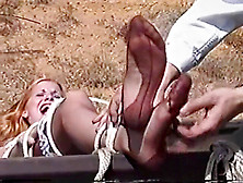 Ticklish Female Tickled On Railroad Tracks (Nylon Nude Feet Tickling)