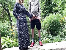 Mommy Milf Helps Her Stepson Peeing Outdoor And Pissing Standing Herself