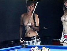 Asian Sluts In The Bar Have Lesbian Sex On A Pool Table