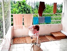 Nude Laundry.  The Maid Is Drying Clothes Into The Laundry.