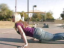 Affectionate Blonde In Jeans Skating Lovely In Reality Shoot Outdoor