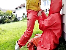 Fellatio And Squirt On Ex-Wife's Long Titted And Her Rainwear Public Into The Garden