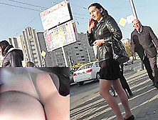 Brunette In Pantyhose Filmed By A Upskirt Spycam