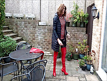 Alison - Urinate And Jizm In Red Pvc Skirt And Thigh Boots