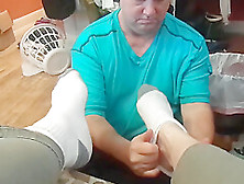 Mistress Victoria In Slave Boy Rubs Lotion On And Puts On Her Socks Shoes 4 Her