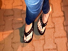 Crossdressing On The Street In Sexy Platform Thongs And Skinny Leggings