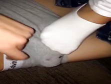 Lusty Girlfriend In White Socks Massages My Fresh Cock With Her Skilled Feet