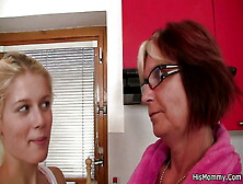 Lesbian Blonde Teen And Mom Toying On Kitchen