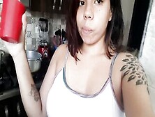 Pissing Amateur Latin Bimbos Drinks Water,  Fills Her Bladder And Pee On The Restroom
