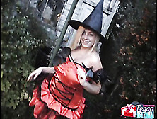 Blonde Poses In Witch Costume And Shows Massive Tits Under Bra