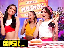 Oopsie - Eating Contest Turns Lesbian Strap-On Threesome! Eliza Ibarra,  Alexis Tae,  & Charlotte Sins