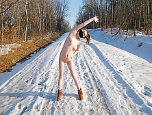 Sweet Naked Workout On Cold Snowy Road