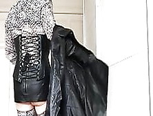 Fetish Tranny In Pvc Overknees And Leather Micro Mini Cummin