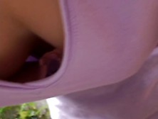 Down Blouse Public Videos Feature A Charming Asian Sweetie In A Hot Pink Shirt.