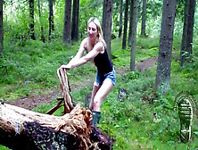 Steaming Blondie Plays In The Forest With Green Hunters (Barefoot)