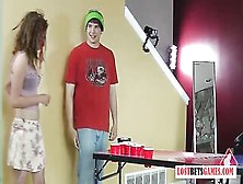 Three Girls And One Guy Play A Game Of Strip Beer Pong