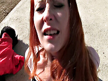 Watch This Hot Redhead Get Her Tight Pussy Pounded Outside For Cash