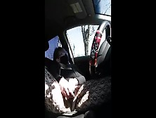 Blue Haired Milf In Ripped Fishnets Car Mastrubates In Busy Parking Lot With Hairbrush And Orgasm