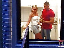 Fair Haired Euro Babe Veronica Carso In Short Skirt Turns Man On With Ease In The Kitchen